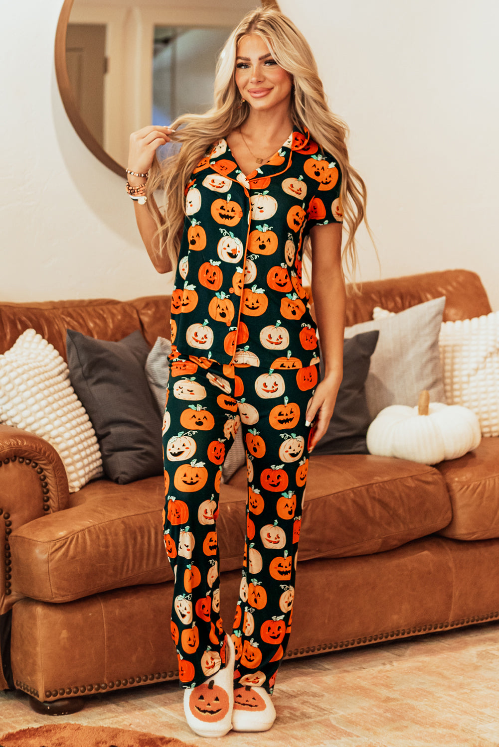 Ensemble pyjama chemise à manches courtes à motif d'Halloween orange-A WOMAN WE LOVE
