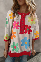 T-shirt with drooping shoulders and contrasting border with pink floral eyelets