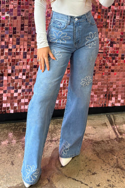 Jeans de pierna ligera de alta luz azul claro con decoración floral diamantes de imitación