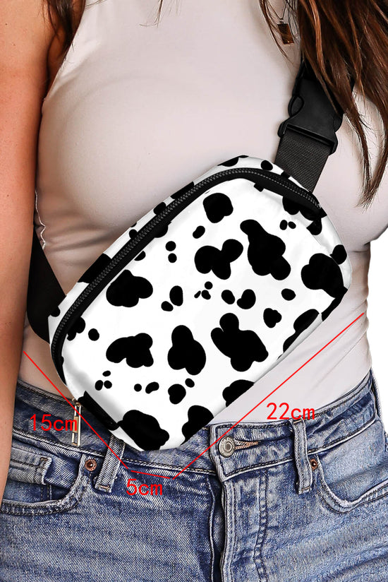 Large belt tilted shoulder bag with printed loop with white cow pattern