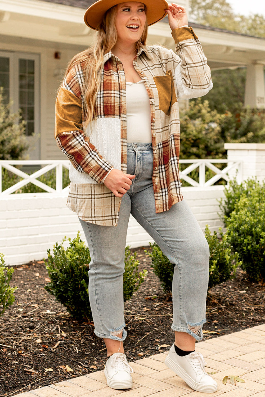 Golden Apricot Plus Size Plaid Patchwork Taste Up Shacket