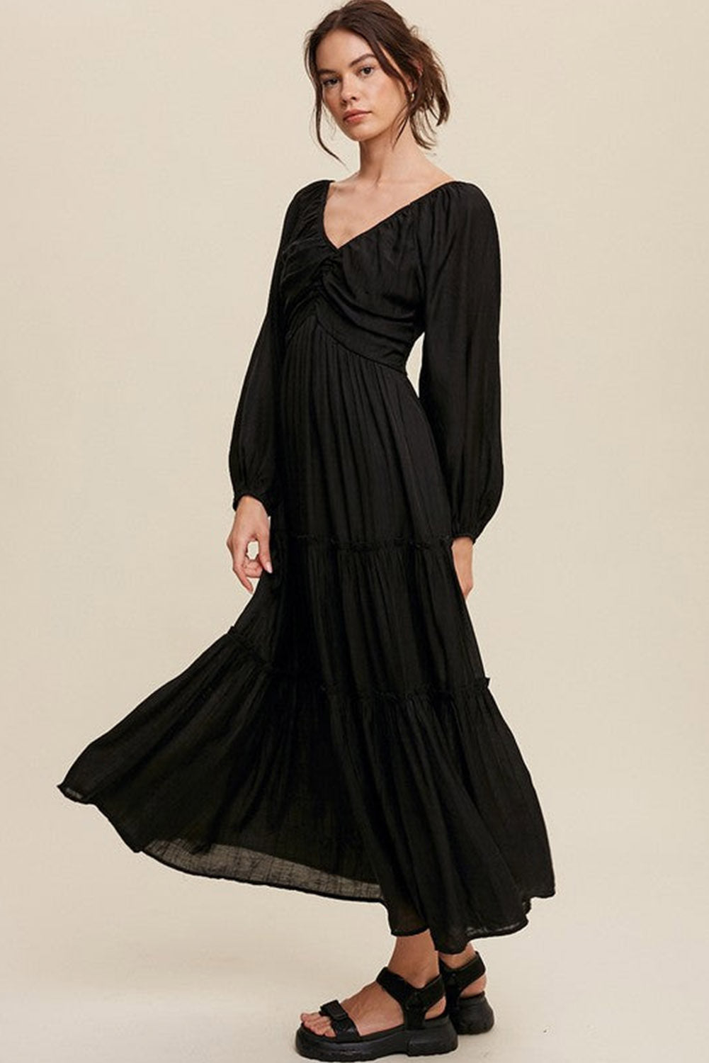 Black V Neck Bowknot Coupte Frill Tiered Maxi Robe