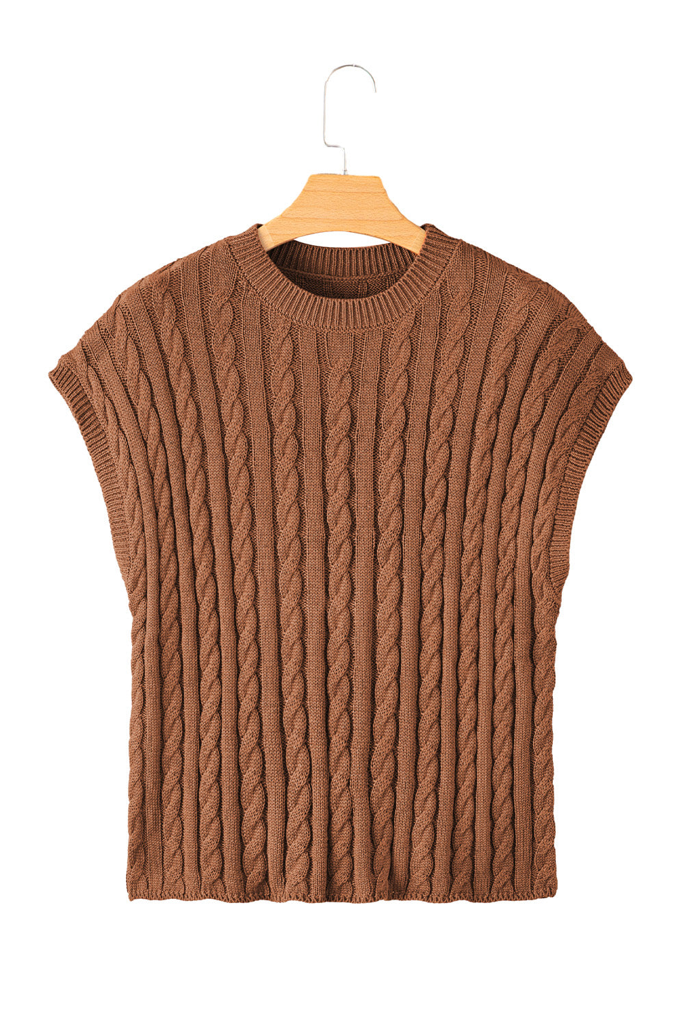 Chestnut Crew Neck Cable Knit Short Sleeve Sweater