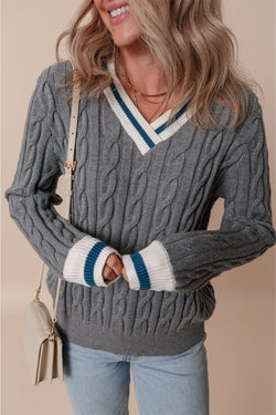 Cable knit v-neck sweater with contrasting ribbed cuffs in medium grey