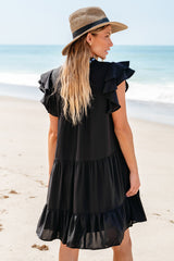 Black mini-ruffle with ruffles and ruffles with several levels embroidered with flowers