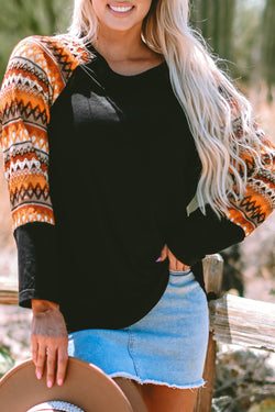 Orange geometric print raglan patchwork long sleeve t-shirt