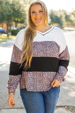 Bloque de color de leopardo de impresión negra negra con mangas largas y collar grande en V -neck