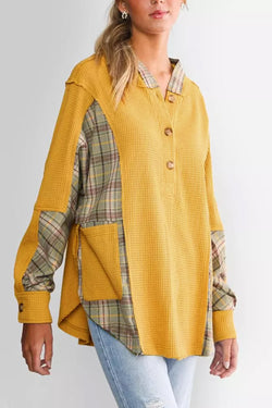 Yellow Henley Hoodie with Pockets and Waffle Knit Plaid Patchwork