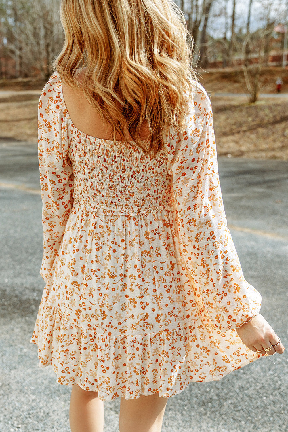 Apricot smocked puff sleeve floral bohemian mini dress