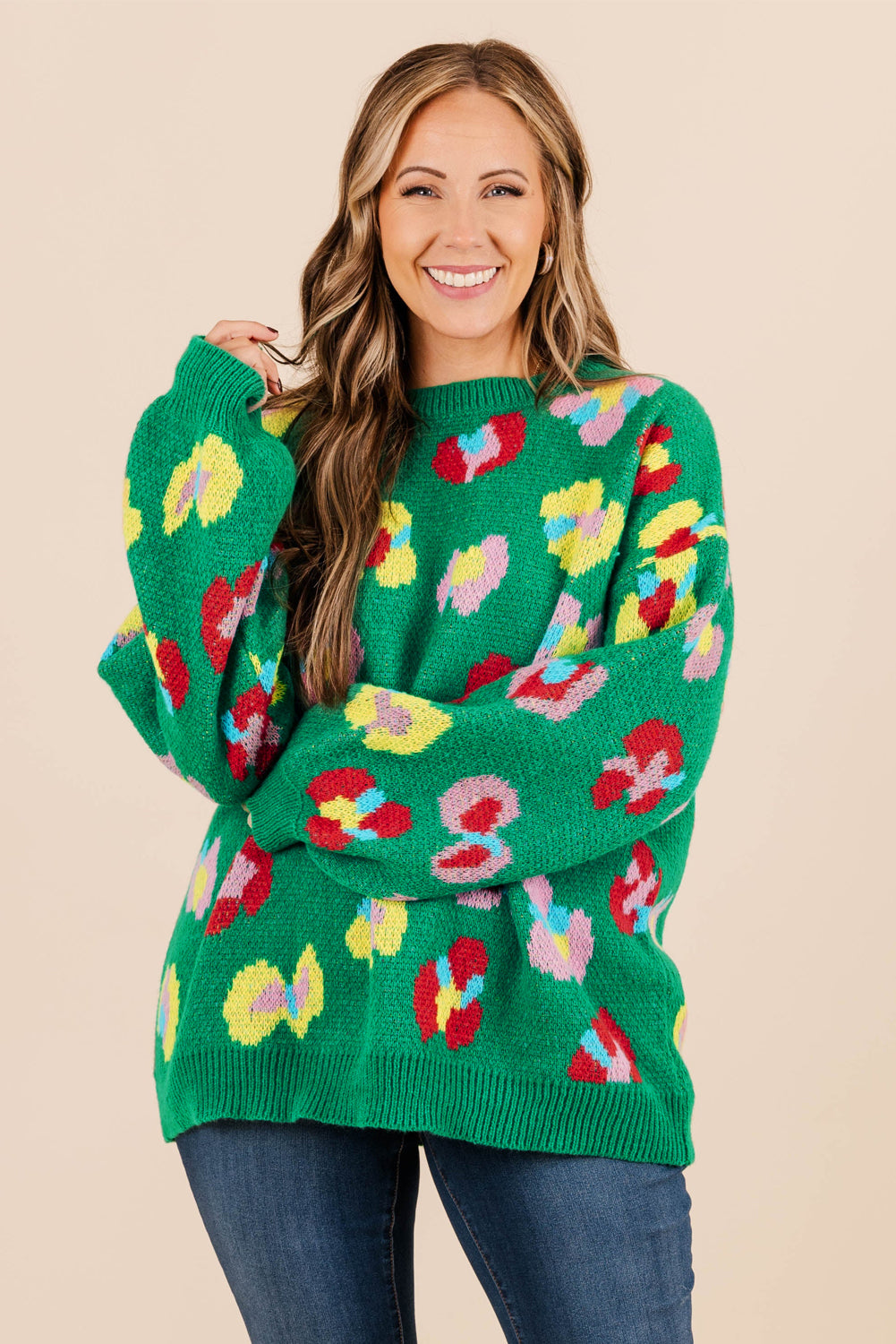 Plus Size Green Floral Knit Ribbed Drop Shoulder Sweater