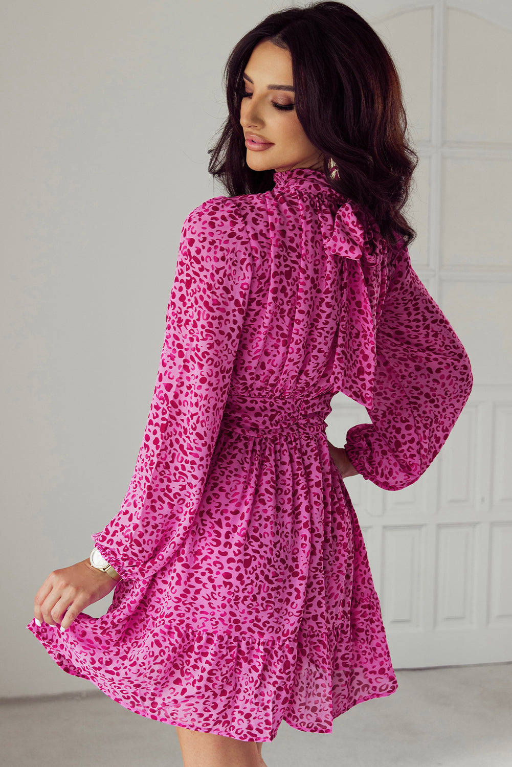 Rose Leopard Puff Sleeve Knotted High Neck Ruffle Dress