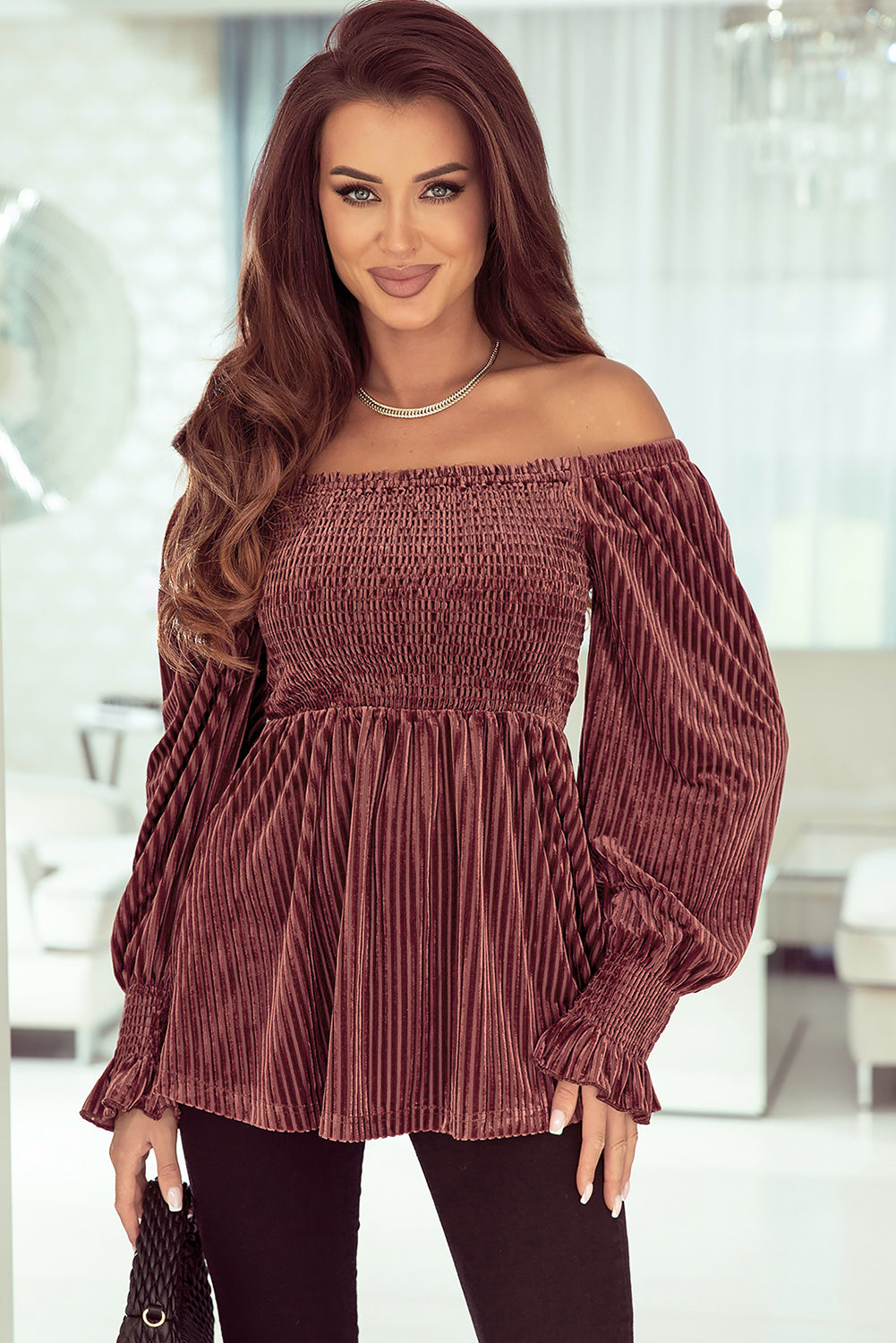 Pink Smocked Ribbed Velvet Babydoll Top