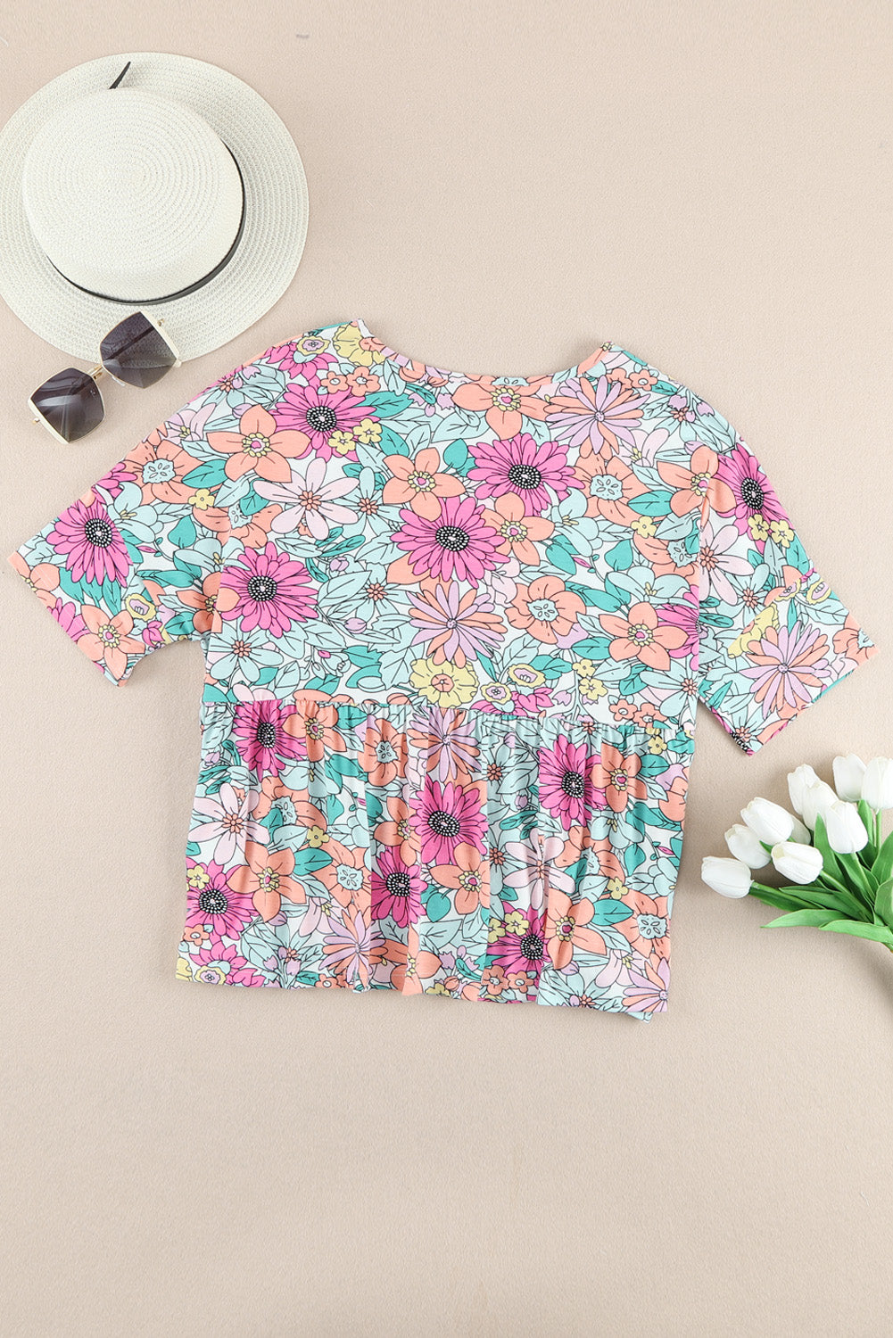 Multicolor böhmischer Blumendruck fließendes Kurzarm -Top