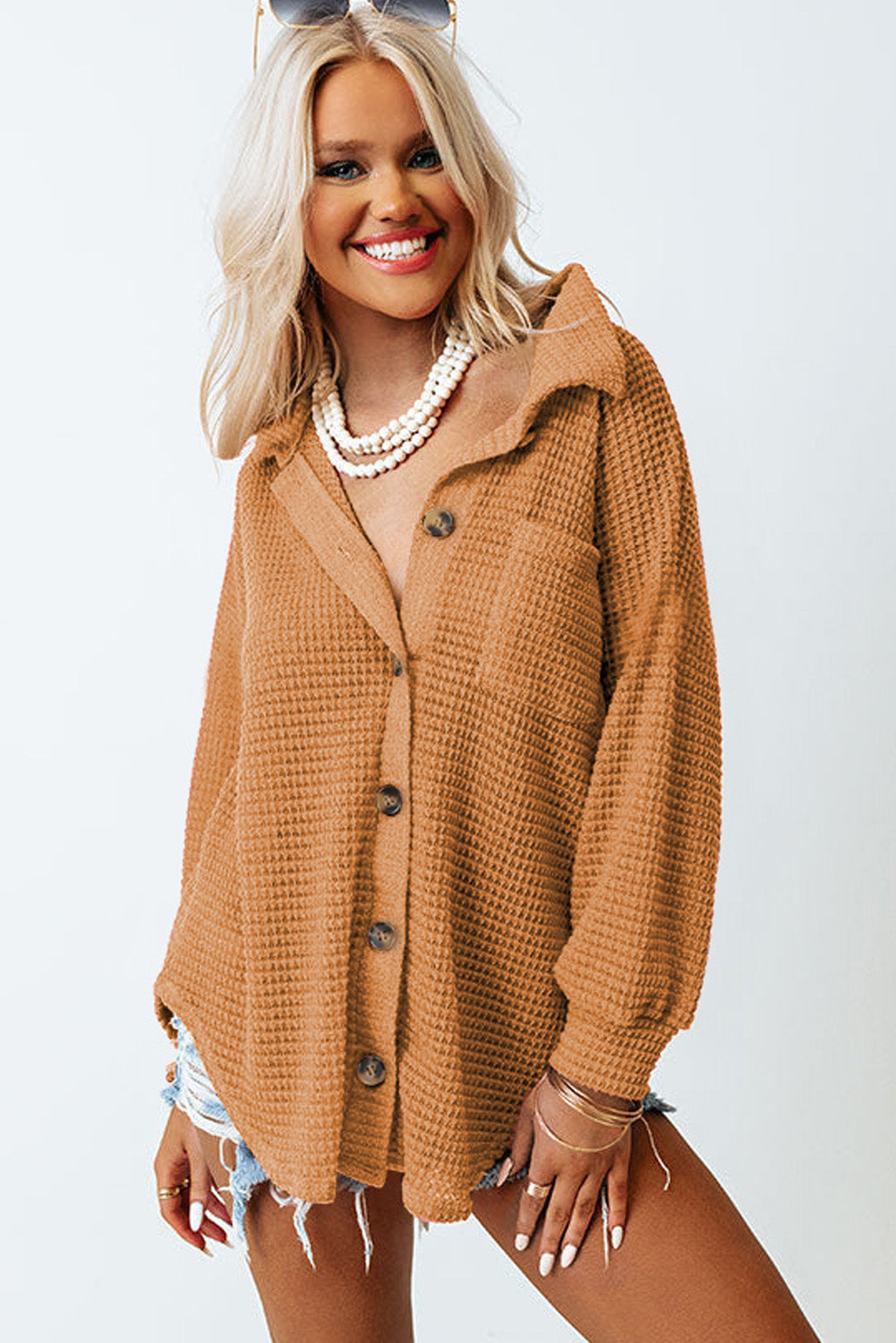 Chemise décontractée boutonnée en tricot gaufré marron