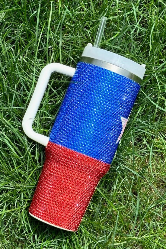 Copa con mango en diamantes de imitación y estrella de la bandera azul americana, 40 oz