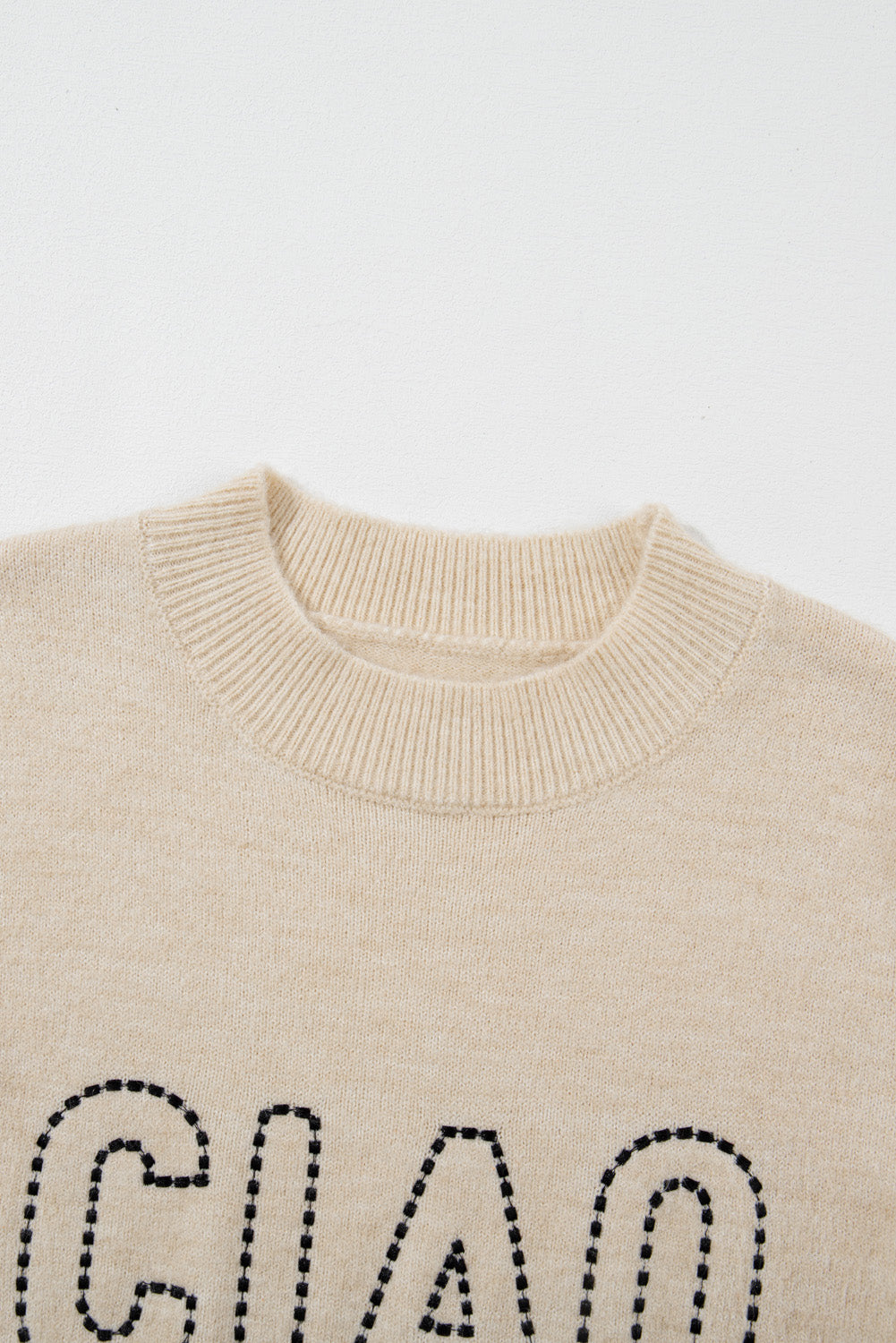 Oatmeal CIAO Letter Graphic Crew Sweater de cuello