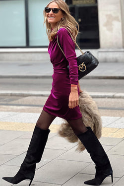 Pataya pink velvet dress with rising collar and long -fronted sleeves