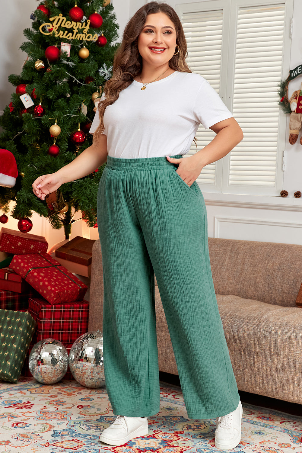 Plus Size Smoke Green Textured Frayed Edge Wide Leg Pants