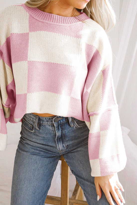 Pink plaid sweater with bishop sleeves