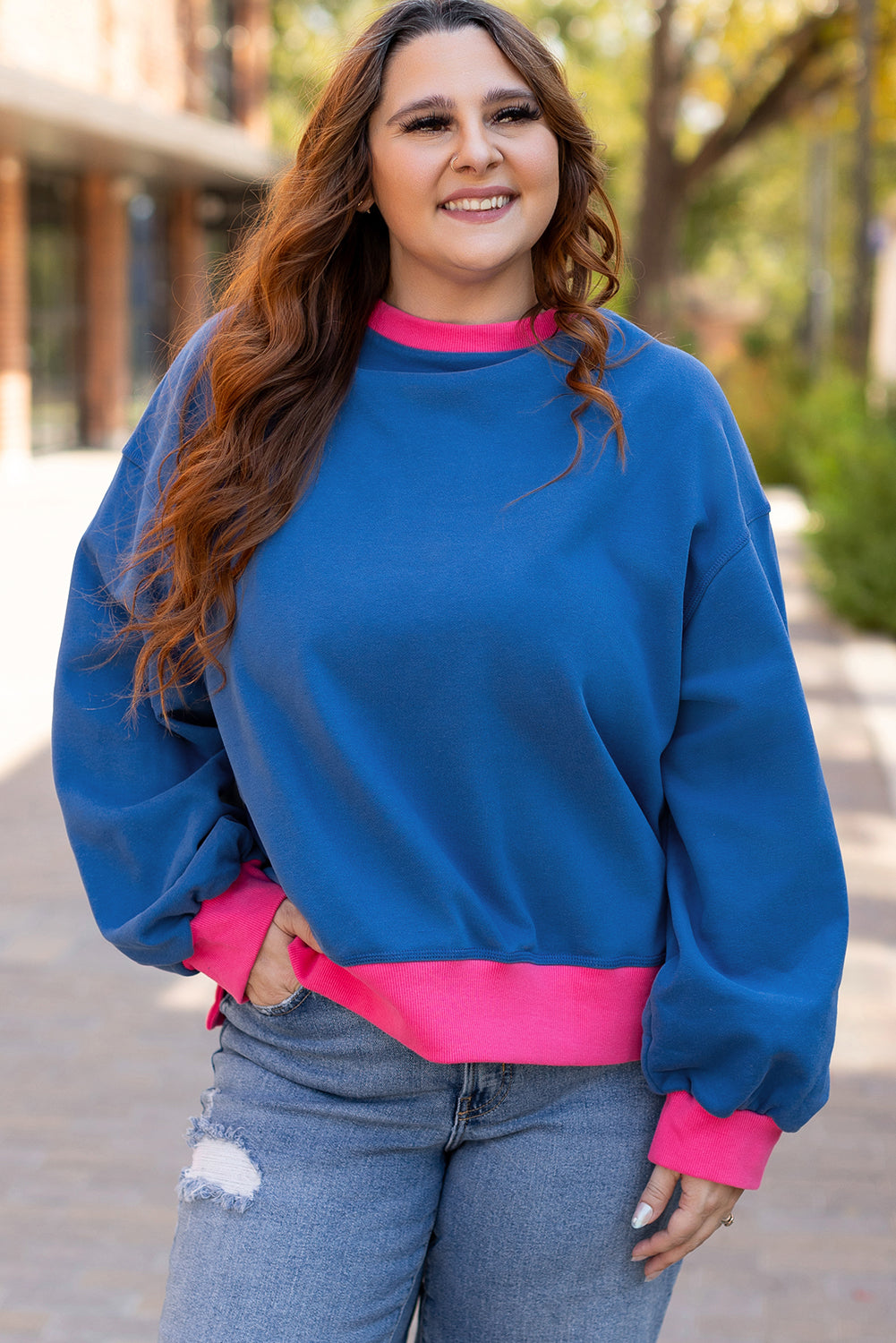 Sky Blue Sweatshirt with Balloon Sleeves and Color Block Trims, Plus Size