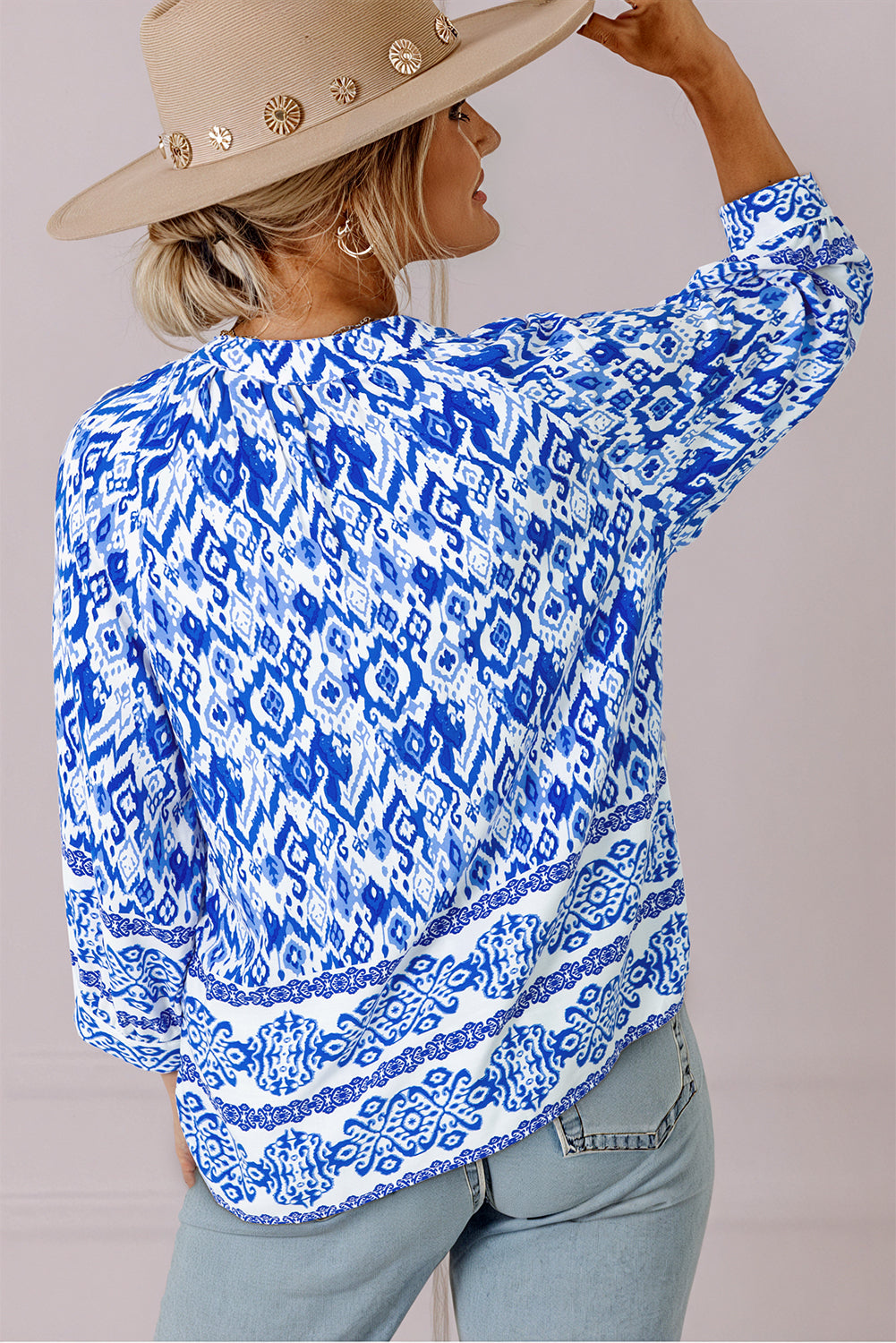 Blusa a collo a 3/4 a 3/4 a manicotto blu boho