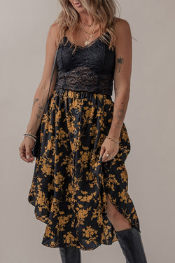 Falda de volante floral estampado elástico y botones negros