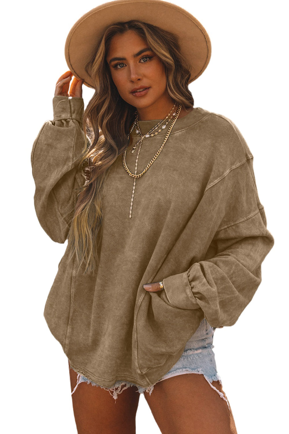 Sudadera de color caqui de gran tamaño con estiramiento retorcido y espalda abierta