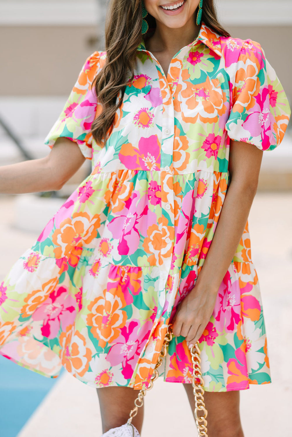 Pink Floral Puff Sleeve Buttoned Babydoll Dress