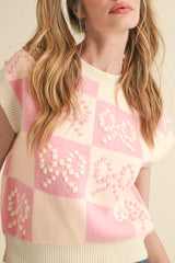 Suéter a cuadros rosa preppy con nudo y detalle