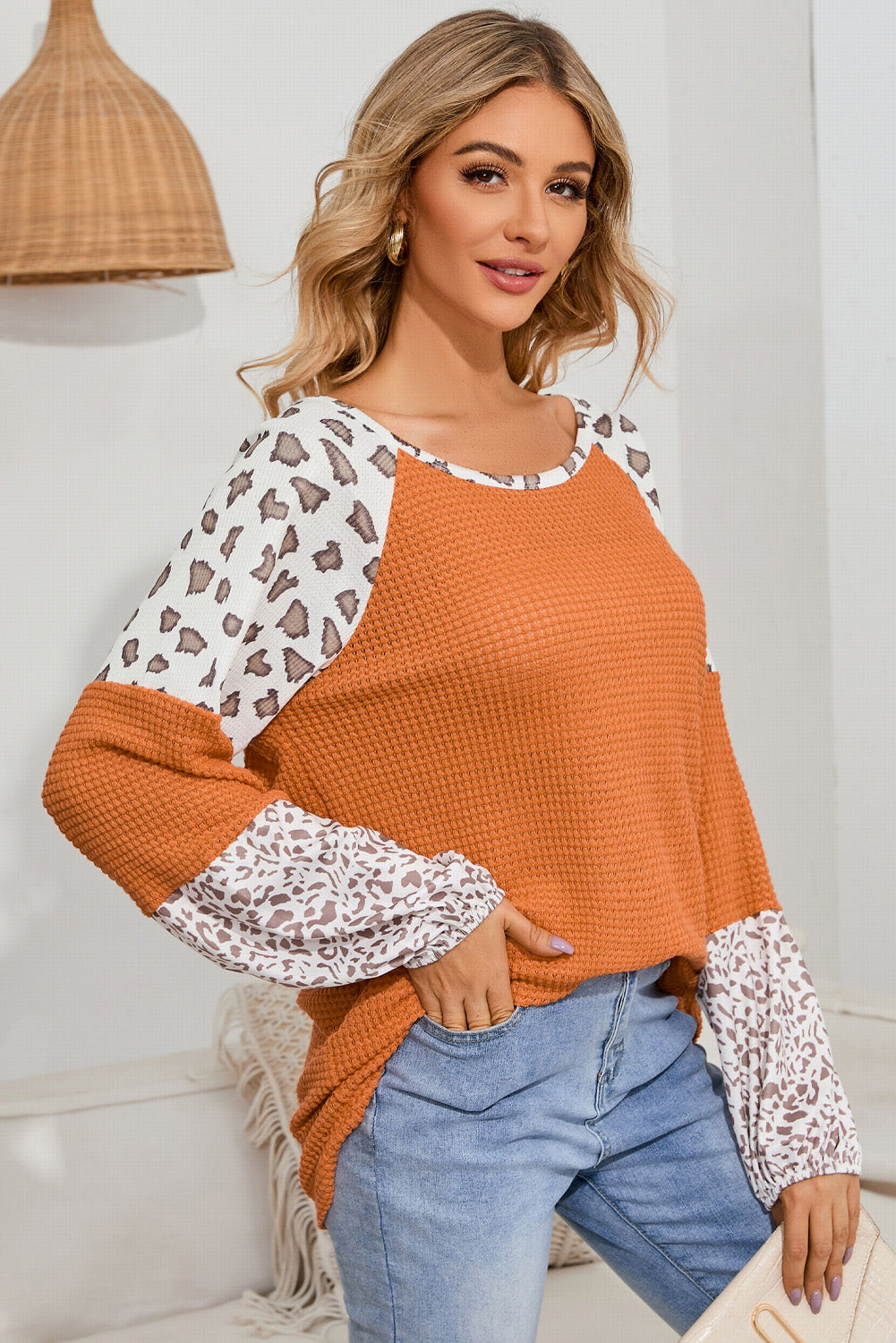 Orange Leopard Colorblock Waffel Strickdeckel