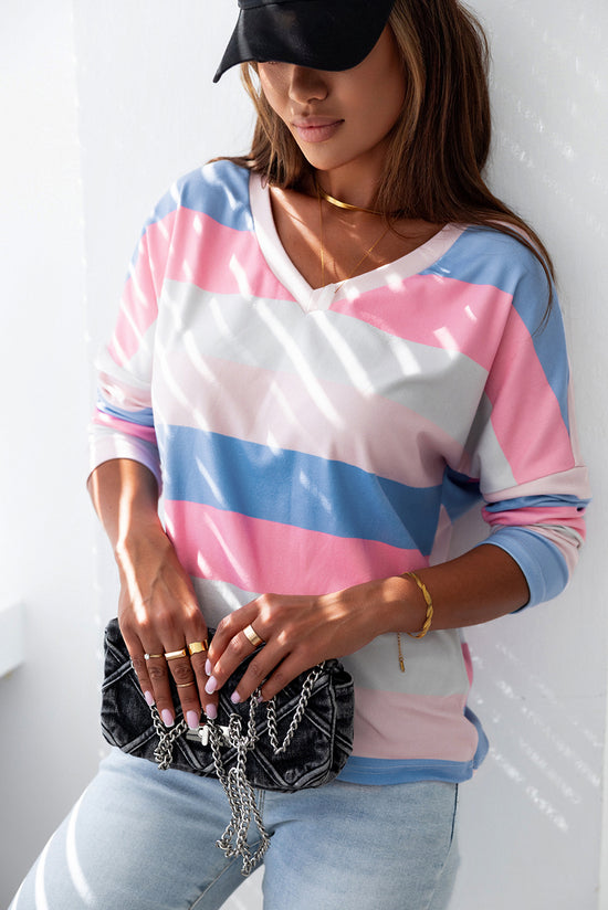 Pink Long Sleeve V-Neck Top with Contrast Stripes