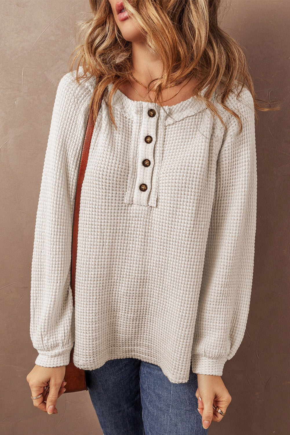 Oatmeal Waffle Knit Buttoned Front Raglan Sleeve Loose Blouse