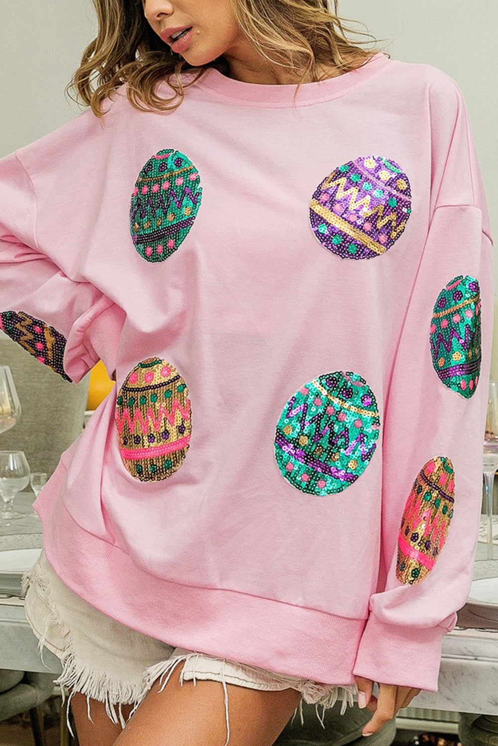 Pink Ostern Eggropfen Schulter übergroßes Sweatshirt