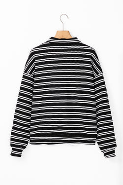 Black Striped Textured Zip Neck Long Sleeve Top