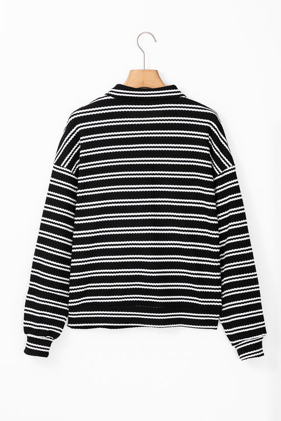 Black Striped Textured Zip Neck Long Sleeve Top