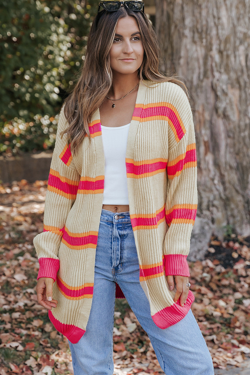 Cardigan long tricoté côtelé imprimé à rayures-A WOMAN WE LOVE