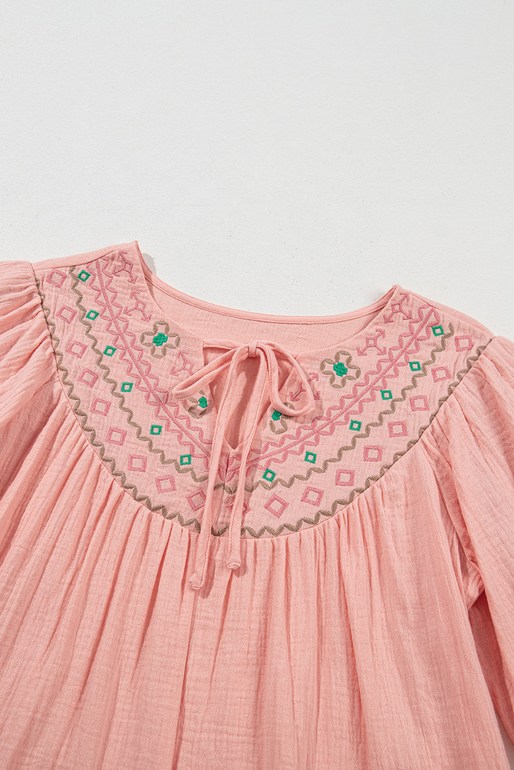 Apricot Pink Geometric Embroidered V Neck Puff Sleeve Blouse