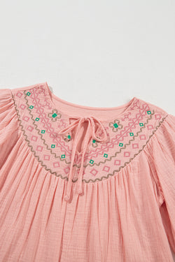 Puffy sleeve blouse and Apricot pink geometric spindle collar