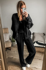 Ensemble veste zippée noire à coutures unies et pantalon à taille avec cordon de serrage-A WOMAN WE LOVE