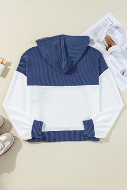 White drawstring hoodie with color block patch pocket