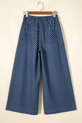 Jean large bleu ciel à pois, taille haute à cordon et boutons décoratifs