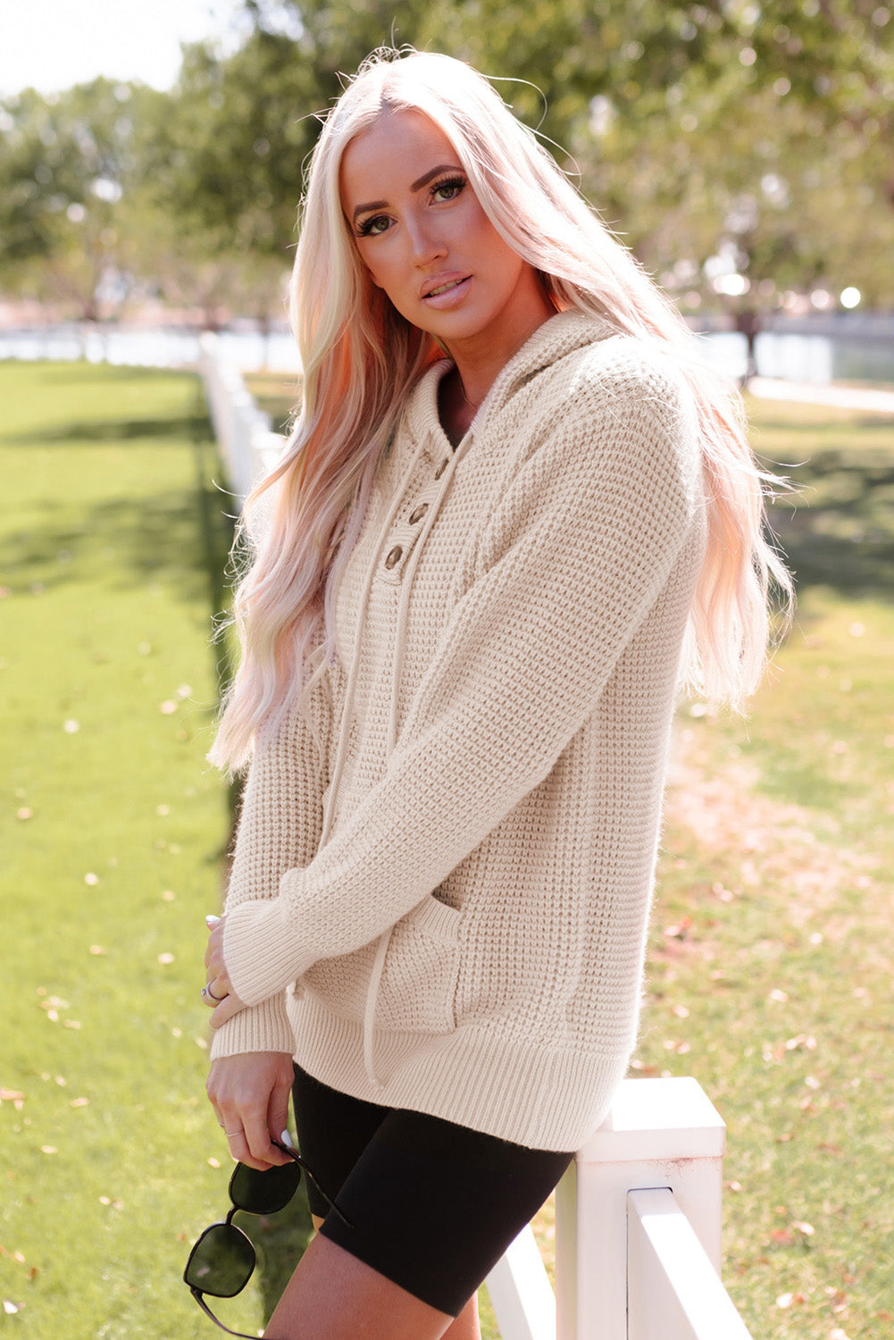 Apricot Waffle Knit Button Up Hooded Sweater with Pocket