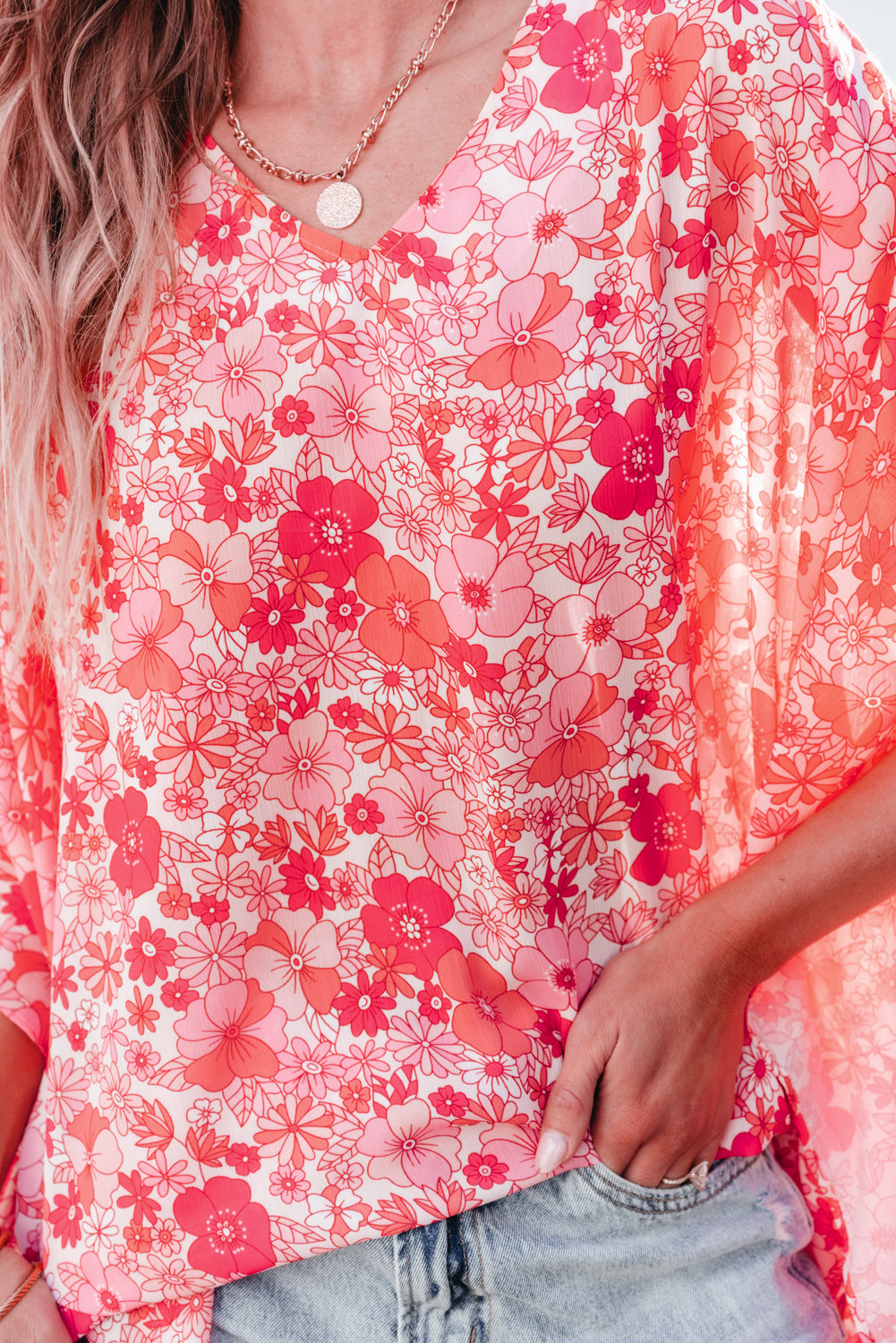 Chemisier de style kimono floral Boho Pink Boho