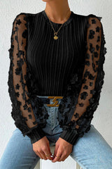 Chemisier en tricot texturé noir à manches en maille avec appliques florales-A WOMAN WE LOVE