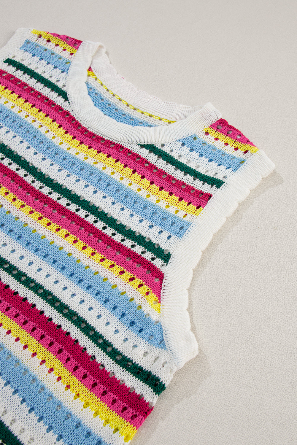 White Colorful Stripe Scalloped Trim Sweater Vest