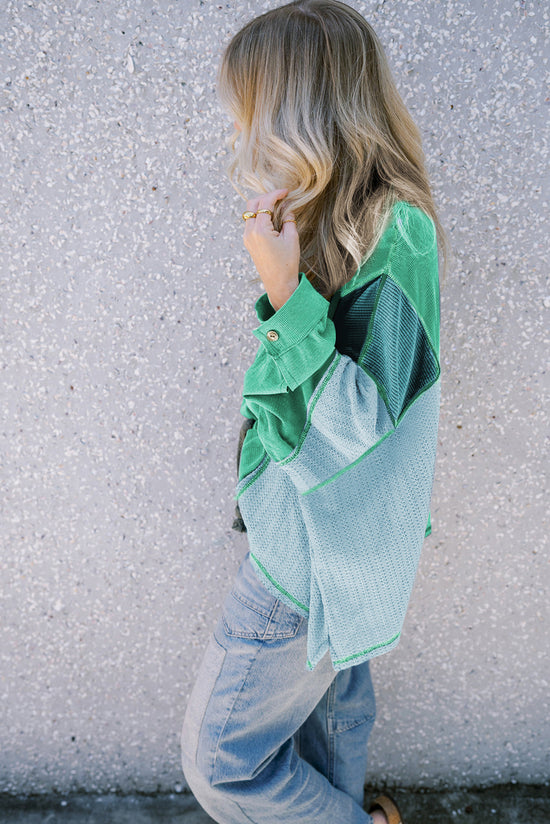 Green Colorblock Stitching Patchwork Button-Up Long Sleeve Top