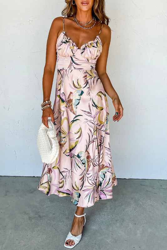 Apricot tropical print spaghetti strap dress