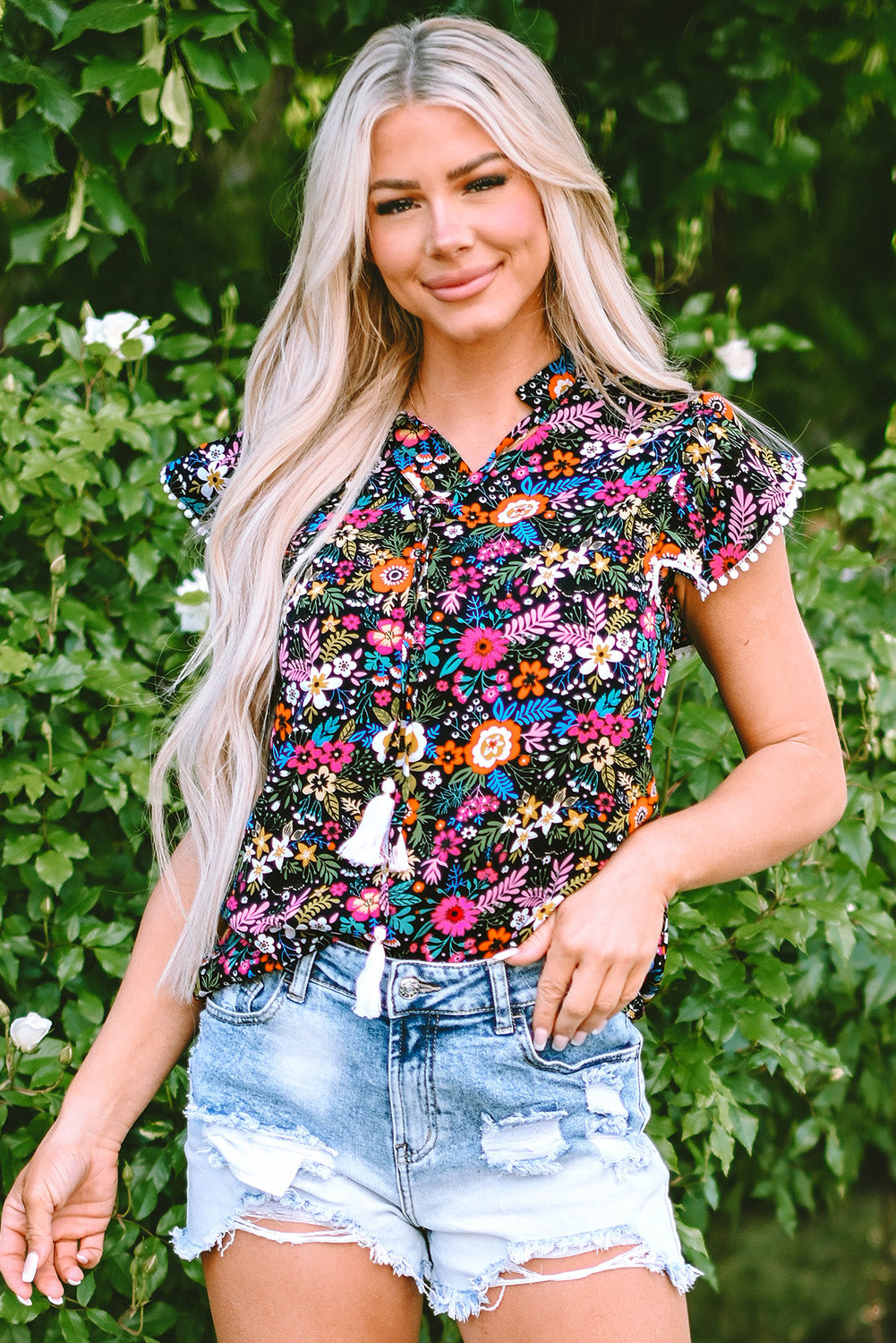 Blouse à floraison tropicale de la garniture en dentelle noire