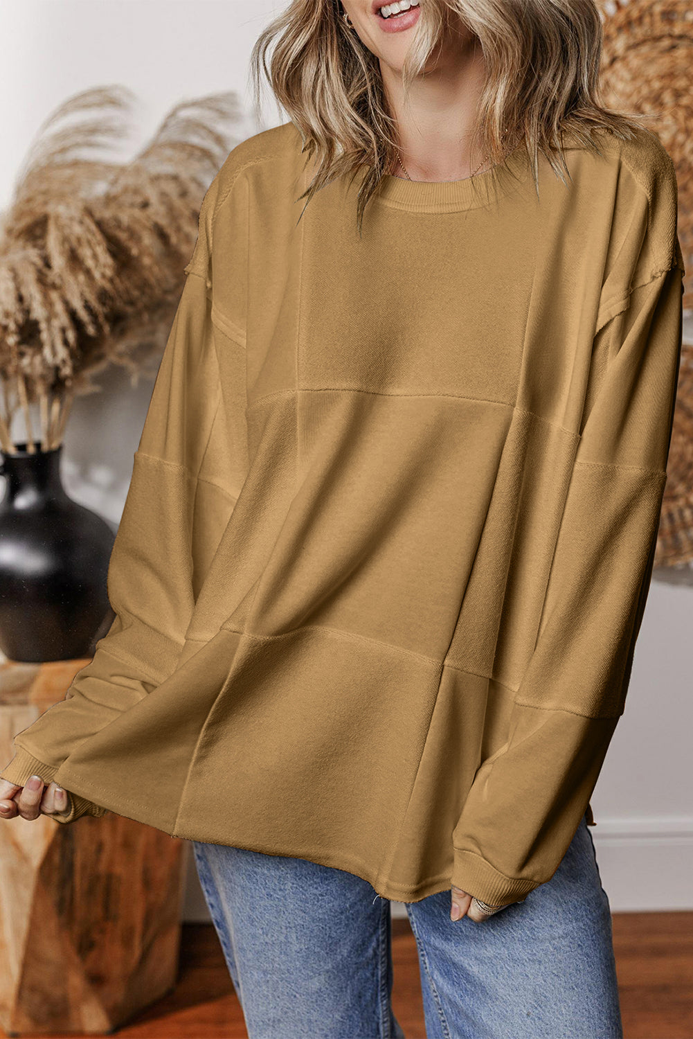 Light French Beige Solid Color Patchwork Drop Shoulder Loose Sweatshirt