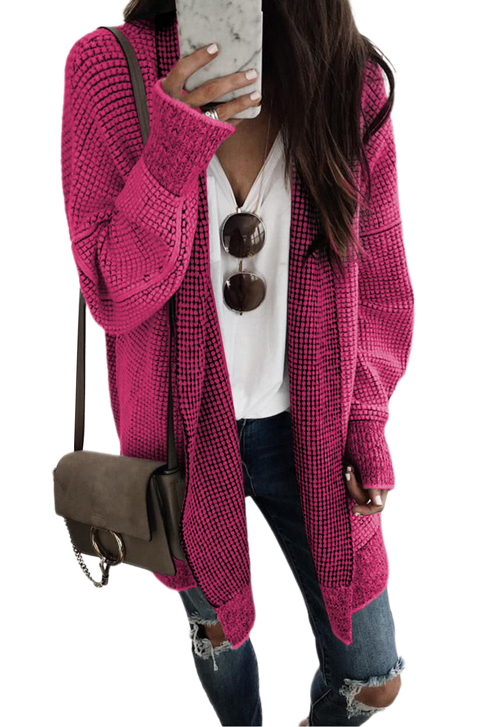 Rose Plaid a maglia a maglia con cardigan anteriore aperto lungo